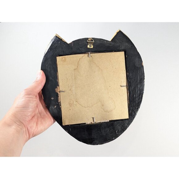 Vintage Cat Head Mirror Balinese Wooden Carved Hand Painted Tiger Striped Tabby - Picture 8 of 10